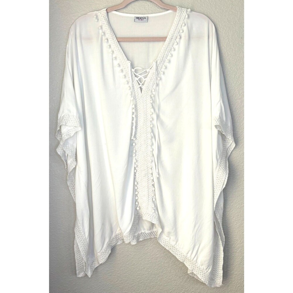 Bindya New York White Boho Top Caftan Swim Coverup Pom Pom Crochet Lace One Size - Picture 5 of 8